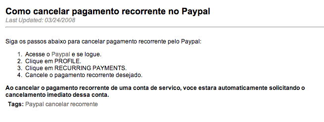 cancelar pagamento recorrente paypal